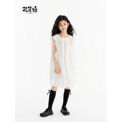 花笙糖中大女童文藝韓版氣質連衣裙純色木耳邊高級簡約小女孩裙子