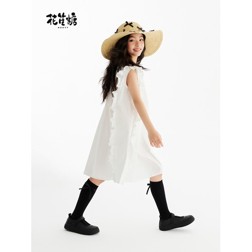 花笙糖中大女童文藝韓版氣質連衣裙純色木耳邊高級簡約小女孩裙子