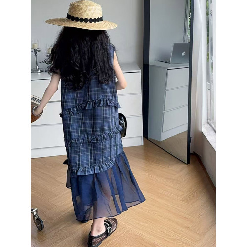 女童夏季新款女大童韓版時尚洋氣格子連衣裙女孩設計感網紗拼接裙