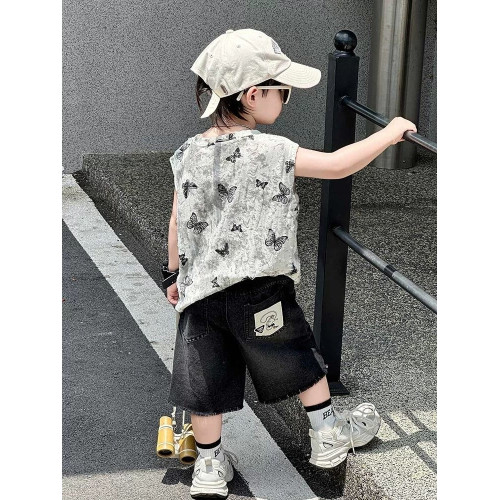 安哼安哼男童夏裝破洞牛仔短褲套裝2025新款兒童夏季韓系無袖背心