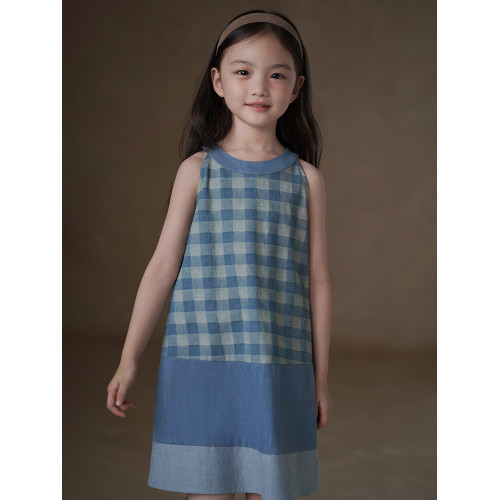 哈齒童裝夏季兒童背心裙全棉格子連衣裙女童牛仔裙復古中長裙女孩