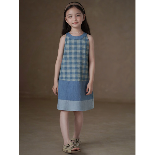 哈齒童裝夏季兒童背心裙全棉格子連衣裙女童牛仔裙復古中長裙女孩