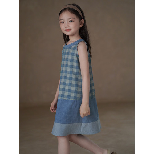 哈齒童裝夏季兒童背心裙全棉格子連衣裙女童牛仔裙復古中長裙女孩