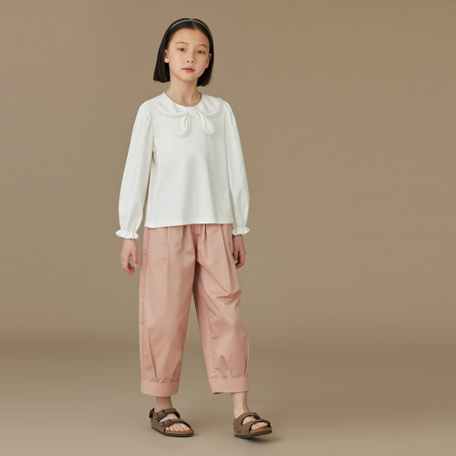 哈齒童裝2025春秋粉色卷邊哈倫褲女童舒適純棉休閒長褲蘿蔔褲女孩