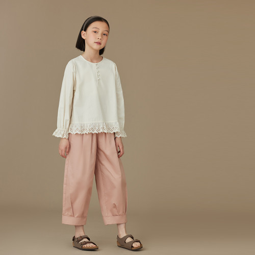 哈齒童裝2025春秋粉色卷邊哈倫褲女童舒適純棉休閒長褲蘿蔔褲女孩