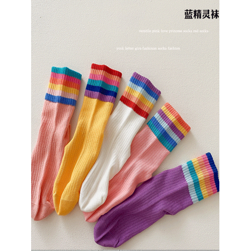 女童襪子春夏純棉無骨襪兒童中筒襪中大童女孩春季彩虹襪學生襪子