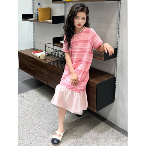 女童法式短袖粉色魚尾裙子2025新款兒童連衣裙春夏季中大童公主裙