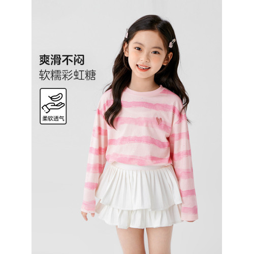 左西女童T恤長袖純棉兒童條紋春秋2026新款春裝女大童打底衫上衣