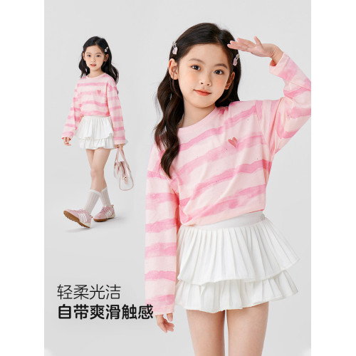 左西女童T恤長袖純棉兒童條紋春秋2026新款春裝女大童打底衫上衣