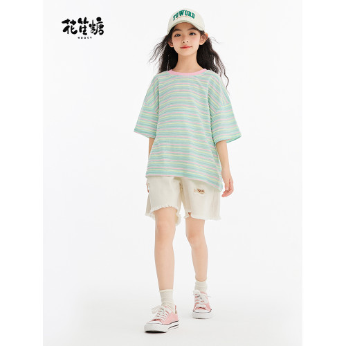 花笙糖夏季女童薄荷綠撞色條紋短袖上衣大童純棉百搭甜美女孩T恤