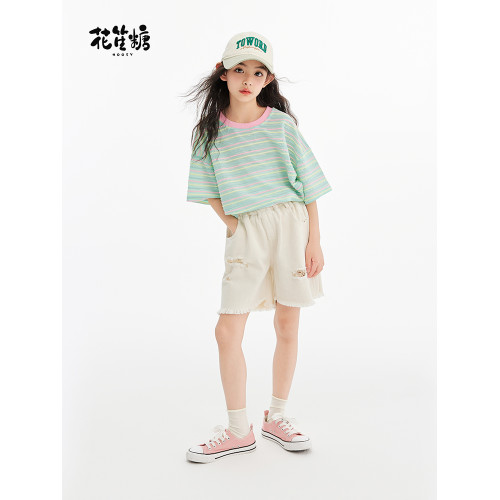 花笙糖夏季女童薄荷綠撞色條紋短袖上衣大童純棉百搭甜美女孩T恤