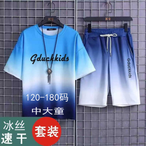 新款冰絲面料男童速乾網眼短袖夏季套裝五分短褲中大童運動兩件套