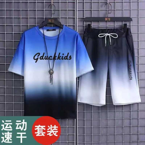 新款冰絲面料男童速乾網眼短袖夏季套裝五分短褲中大童運動兩件套