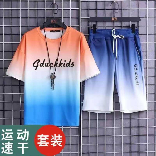 新款冰絲面料男童速乾網眼短袖夏季套裝五分短褲中大童運動兩件套