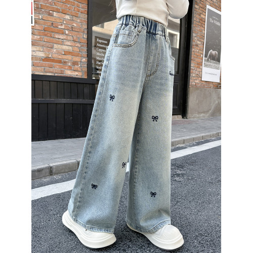 女童牛仔褲春夏裝2025新款女孩薄款直筒濶腿褲兒童夏季休閒長褲子