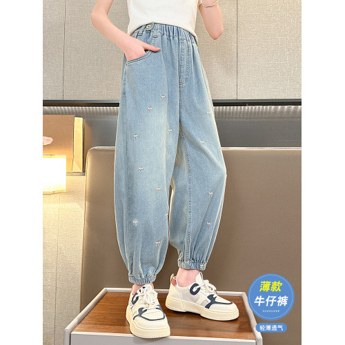 女童褲子春秋薄款2025夏裝女孩寬松束腳天絲防蚊褲兒童新款牛仔褲