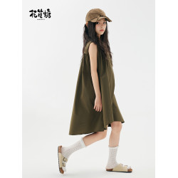 花笙糖夏季童裝女童純棉設計感連衣裙軍綠色女孩休閒氣質大童裙子
