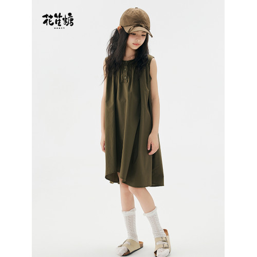 花笙糖夏季童裝女童純棉設計感連衣裙軍綠色女孩休閒氣質大童裙子
