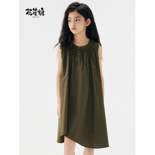 花笙糖夏季童裝女童純棉設計感連衣裙軍綠色女孩休閒氣質大童裙子