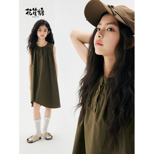 花笙糖夏季童裝女童純棉設計感連衣裙軍綠色女孩休閒氣質大童裙子