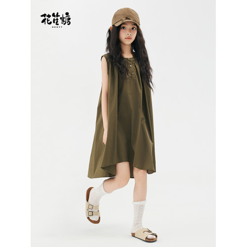 花笙糖夏季童裝女童純棉設計感連衣裙軍綠色女孩休閒氣質大童裙子