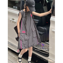 花苞式女童夏季工裝連衣裙2025新款兒童無袖裙子女孩背心裙A字裙