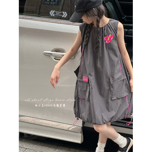花苞式女童夏季工裝連衣裙2025新款兒童無袖裙子女孩背心裙A字裙