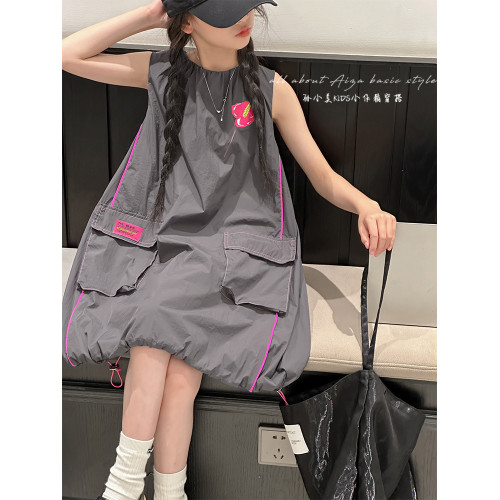 花苞式女童夏季工裝連衣裙2025新款兒童無袖裙子女孩背心裙A字裙