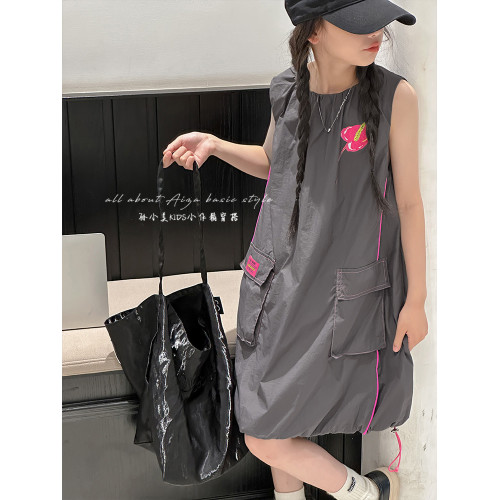 花苞式女童夏季工裝連衣裙2025新款兒童無袖裙子女孩背心裙A字裙