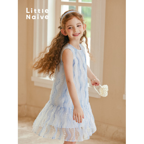 LittleNaive 連衣裙女童夏季新款無袖公主裙珠片紗裙兒童背心裙