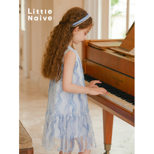 LittleNaive 連衣裙女童夏季新款無袖公主裙珠片紗裙兒童背心裙