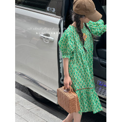 高級雕印女童連衣裙兒童泡泡短袖裙子2025夏裝新款韓國童裝公主裙