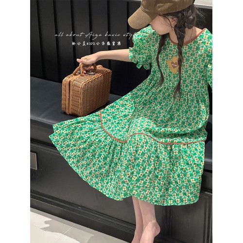 高級雕印女童連衣裙兒童泡泡短袖裙子2025夏裝新款韓國童裝公主裙