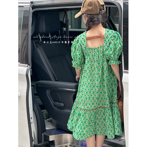 高級雕印女童連衣裙兒童泡泡短袖裙子2025夏裝新款韓國童裝公主裙