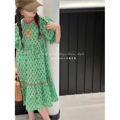 高級雕印女童連衣裙兒童泡泡短袖裙子2025夏裝新款韓國童裝公主裙