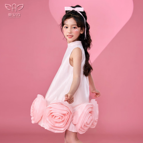 愛安玖粉色玫瑰花兒童連衣裙2025新款高領無袖女童小女孩生日派對