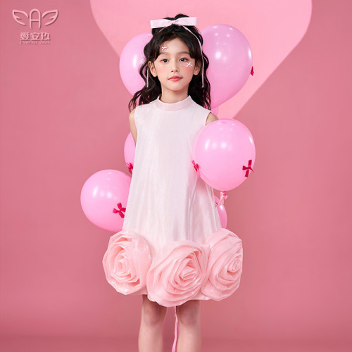 愛安玖粉色玫瑰花兒童連衣裙2025新款高領無袖女童小女孩生日派對