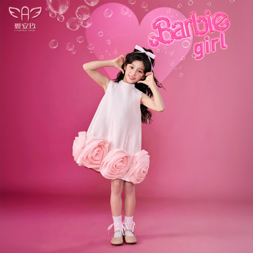 愛安玖粉色玫瑰花兒童連衣裙2025新款高領無袖女童小女孩生日派對