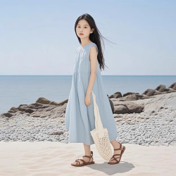 女童連衣裙夏裝2025新款女中大童寬松休閒無袖背心裙兒童海灘裙子
