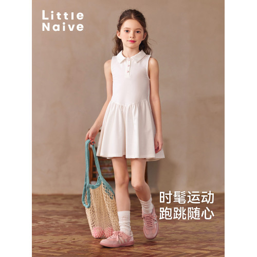 Little Naive女童polo運動連衣裙夏季涼感無袖裙子兒童學院連衣裙