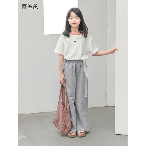 蔡爸爸原創童裝灰色濶口褲女童大學生蕾絲腰帶長褲夏072+070+982