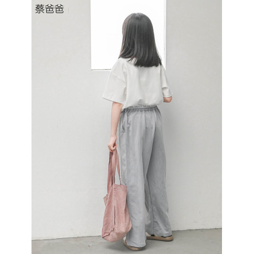 蔡爸爸原創童裝灰色濶口褲女童大學生蕾絲腰帶長褲夏072+070+982
