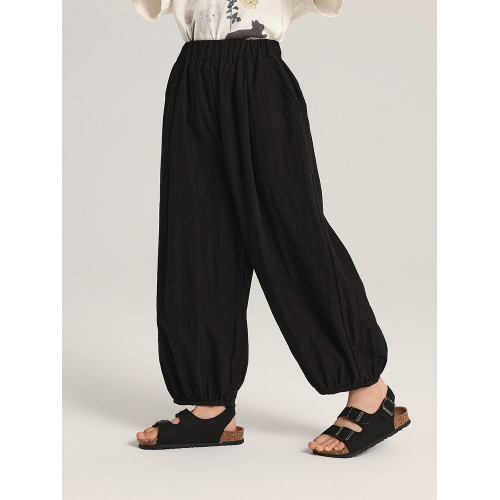 布丁哈魯童裝女童純色褲子2026防蚊褲兒童休閒輕薄透氣濶腿長褲