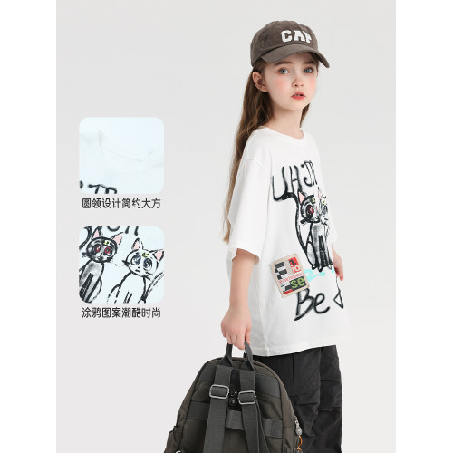 布丁哈魯童裝夏裝女童純棉短袖2026夏季新款兒童潮流百搭塗鴉T恤