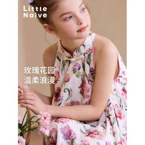 Little Naive兒童旗袍裙夏季新款田園甜美碎花裙子女童純棉連衣裙