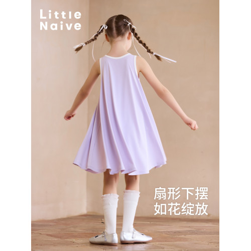 Little Naive女童涼感連衣裙夏季新款A擺裙子兒童運動撞色背心裙