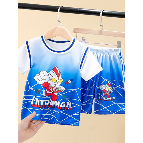 兒童夏季兩件套裝男童短袖短褲冰絲速乾籃球服卡通寬松運動休閒款