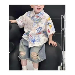兒童花襯衫短袖時髦破洞短褲薄款港風男童夏季套裝中小童兩件套裝