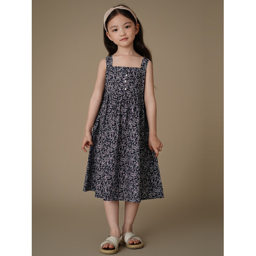 哈齒童裝夏季兒童碎花裙子全棉度假田園風吊帶裙女童中長連衣裙薄