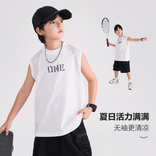 100%好評男孩童夏裝運動網眼拼接無袖背心T恤兒童夏季冰絲上衣新